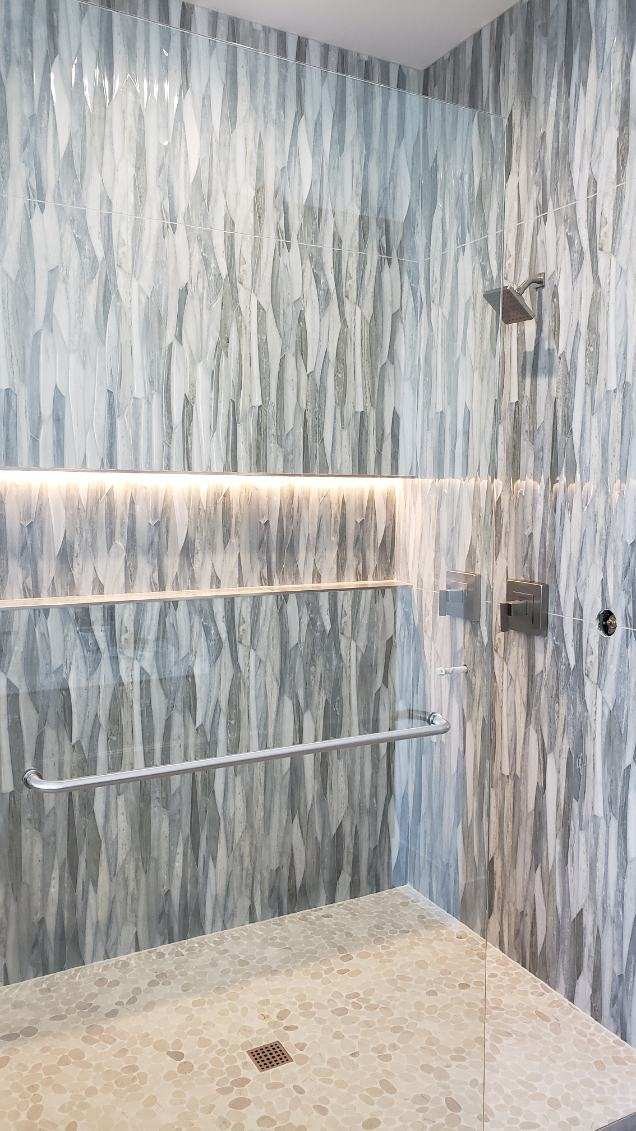 Glass mosaic tile shower with lighted niche shelf in Wenatchee WA