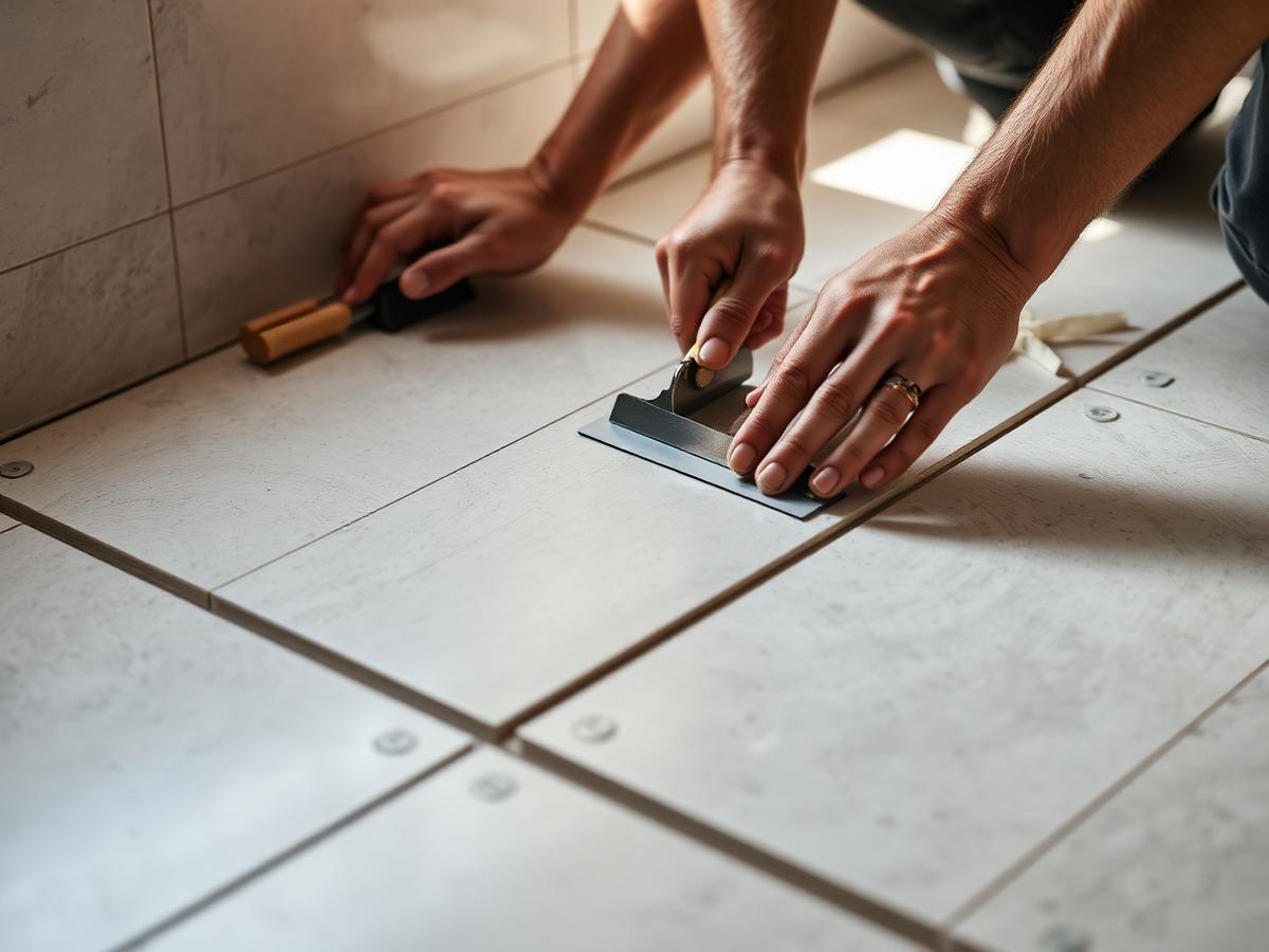 Installer setting tile by hand